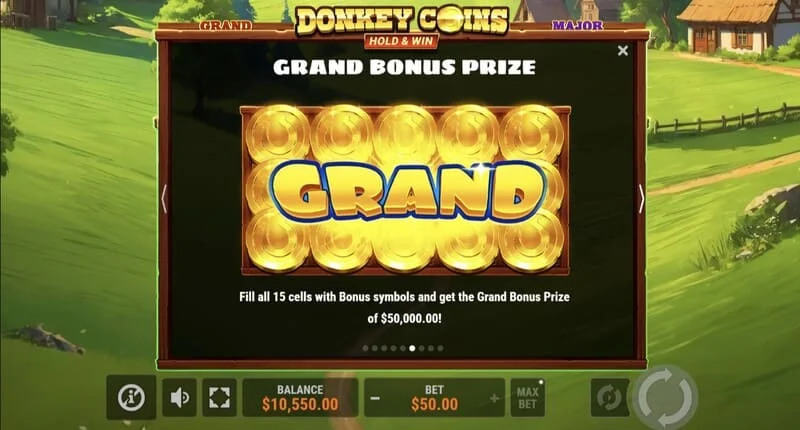 Donkey Coins Hold & Win - ecran cu Jackpot-urile Mini, Minor, Major, Grand